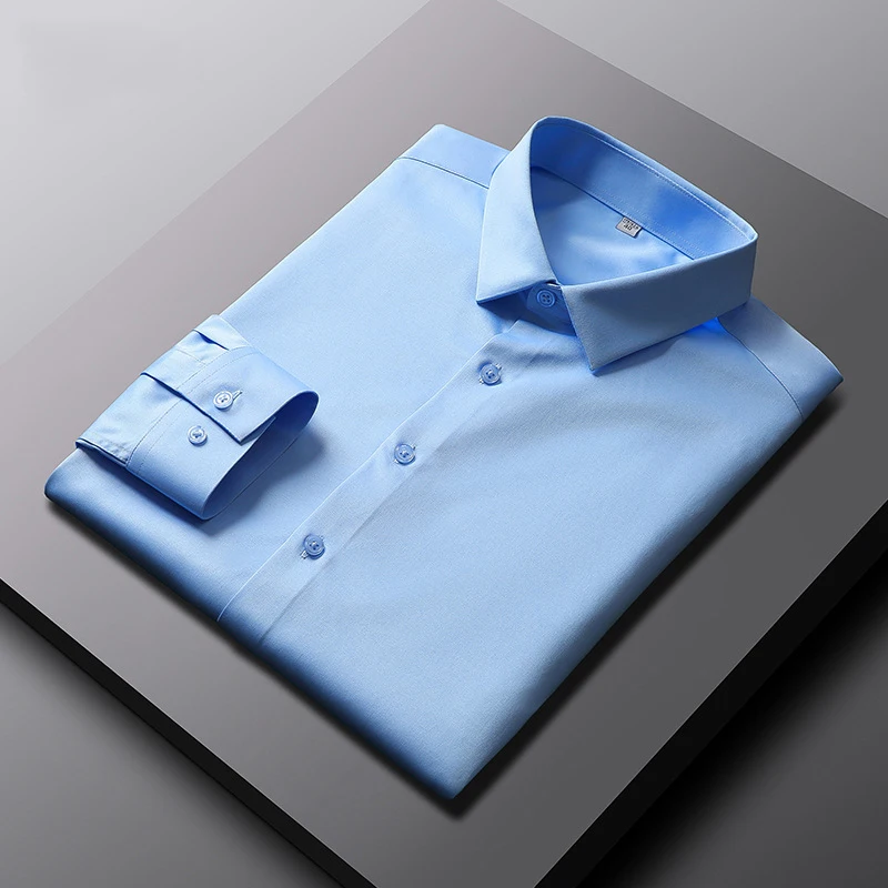 Camisa masculina casual e elegante de manga comprida de cor sólida sem engomar e resistente a rugas