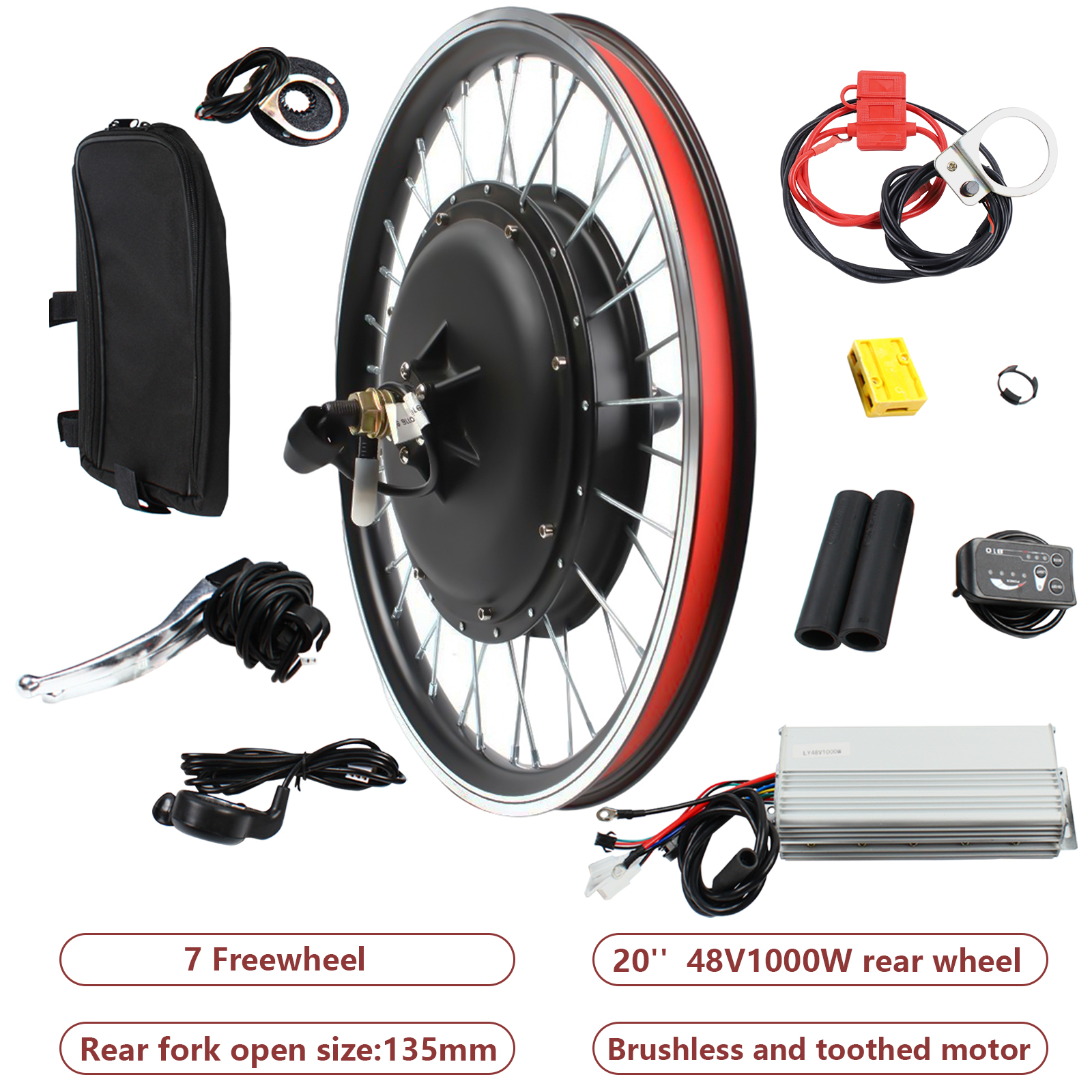 20-calowy zestaw do konwersji tylnego koła roweru elektrycznego 48 V 1000 W, zestaw do konwersji roweru elektrycznego z wyświetlaczem LED i kontrolerem bezszczotkowym