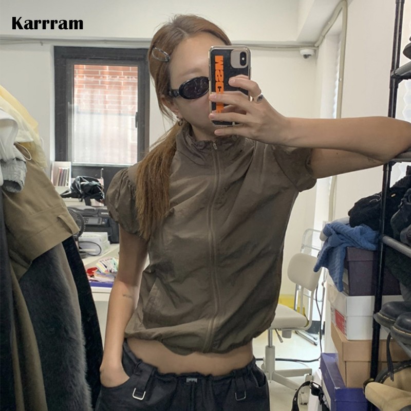 Karrram japanische y2k Cargo T-Shirt koreanische beliebte Kurzarm Reiß verschluss Tops Vintage 2000s Sonnenschutz dünne Jacke High Street