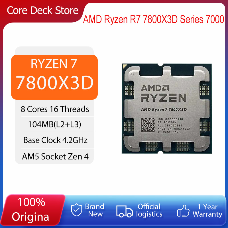 Procesador AMD Ryzen 7 7800X3D, 8 núcleos, 16 hilos, R7 7800X3D CPU, 4,2 GHz, 5 nm, 96 Mo, 120 zenw, DDR5 MHz, compatible con AM5, para juegos, sin ventilador