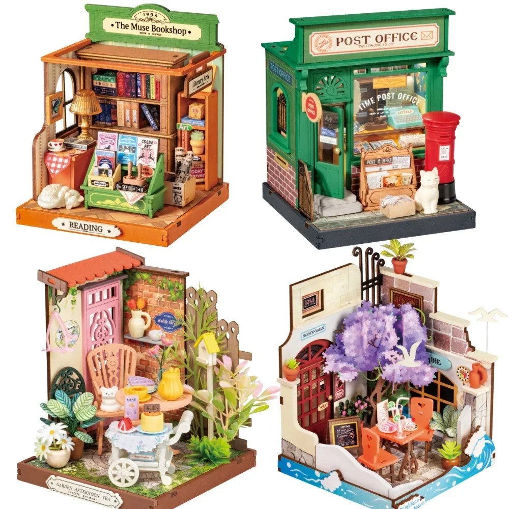 Robotime Rolife Miniature House for Kids 4 Kinds of Beautiful Design Wooden Toys for Girls Play Building Kits with Family