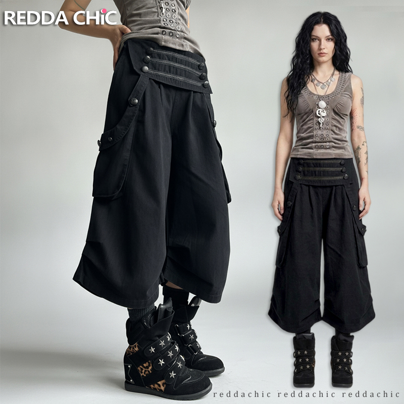REDDACHiC Goth Royal Women Capri Cargo Pants Vintage Button Low Waist Pleated Baggy Bermuda Shorts Alternative Summer Clothes