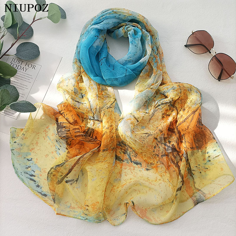 Feminino foulard bandana gradiente elegante cor vida árvore flor chiffon georgette cachecol longo xale verão múltipla cor