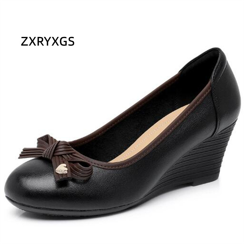 ZXRYXGS classique Bow femmes chaussures en cuir véritable confort chaussures à semelles compensées nouveau 2025 best-seller printemps élégant et élégant talons hauts