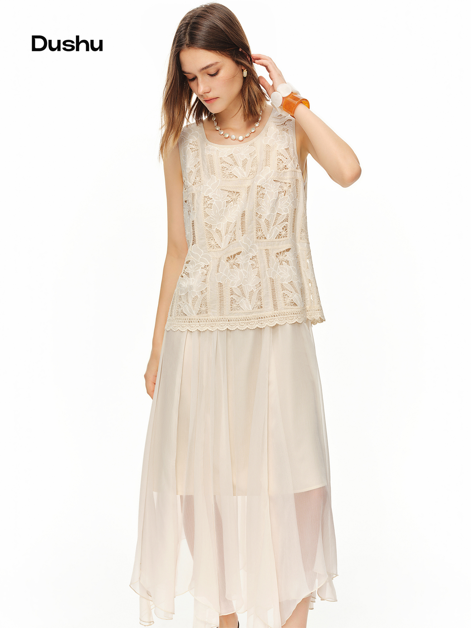 DUSHU 2026 Sommer Damen Maxikleid mit aufwendiger Spitzenstickerei, Romantisches Ajour-Festivalkleid für Coquette- & Boho-Kunststil