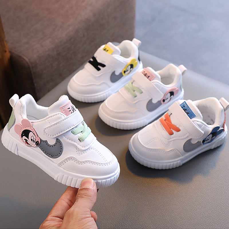 Disney Mickey Mouse เด็กแนวโน้มรองเท้าสบายๆสาวรองเท้าสีขาวเล็กๆ 0-2 ปีเด็กทารกแฟชั่น Chic Soft Sole รองเท้า