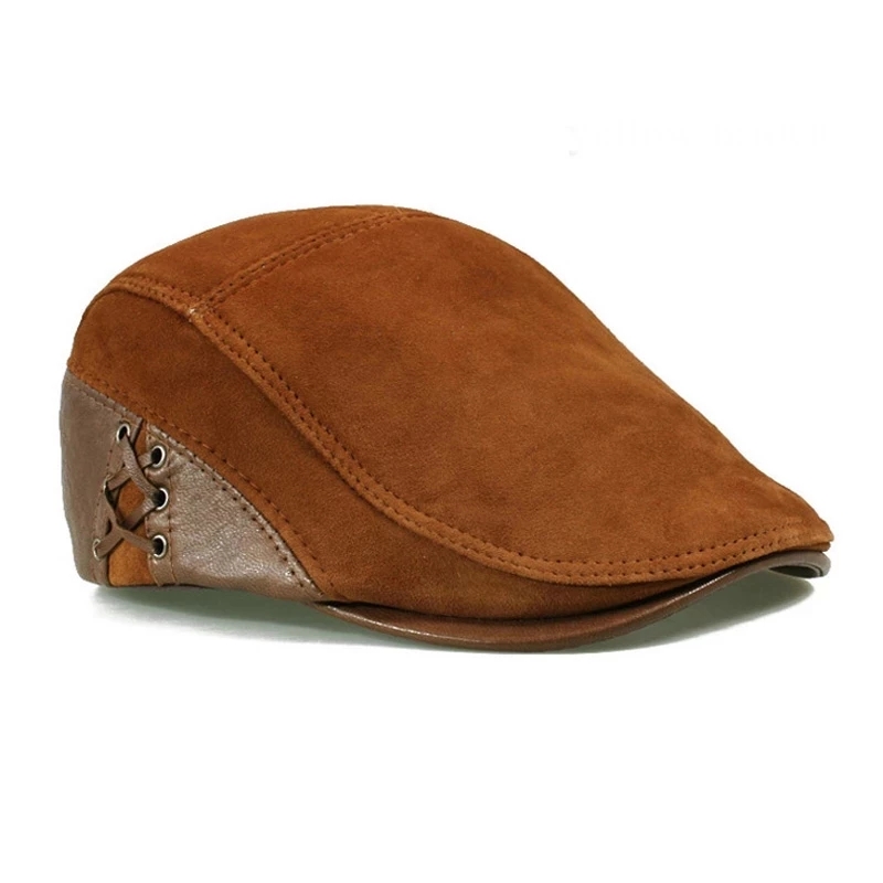 Topi Kulit Asli Gaya Eropa Mode 2025 Baru Topi Baret Pria Kasual Kulit Domba Suede Hitam/Coklat Topi Duckbill Pria