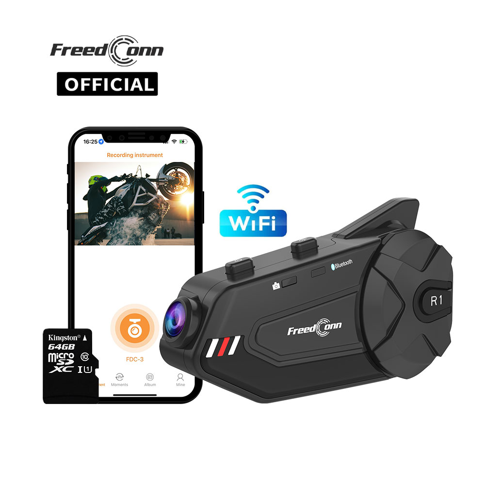 Freedconn-オートバイ用Bluetoothヘッドセットr1plus,ヘルメット用通信デバイス,wifi,スピーカーフォン,内蔵カメラ,DVR