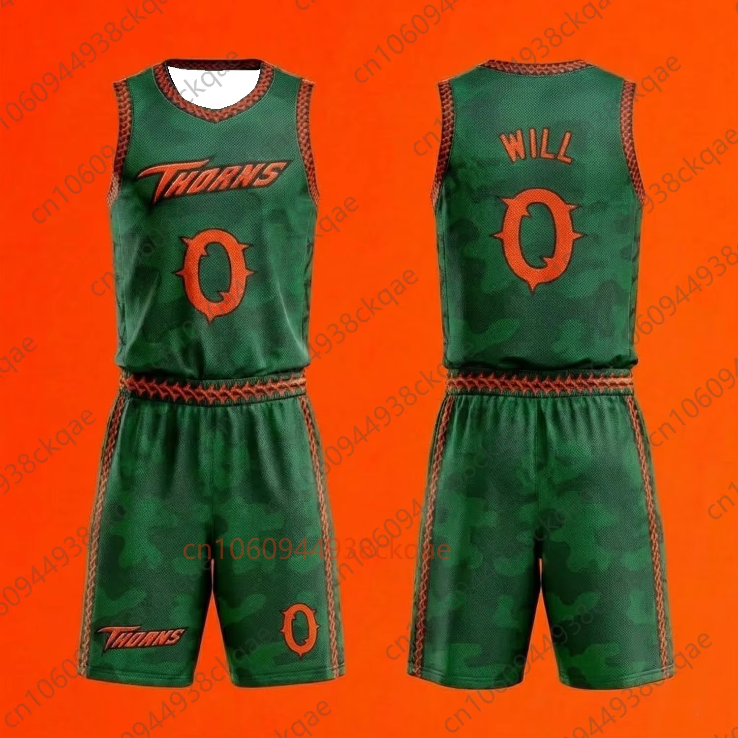 ชุดเสื้อบาสเก็ตบอล Vineland Thorns GOAT Movie Will 0 ชุดลายพรางสีเขียว กางเกงขาสั้นตาข่าย เสื้อกีฬา