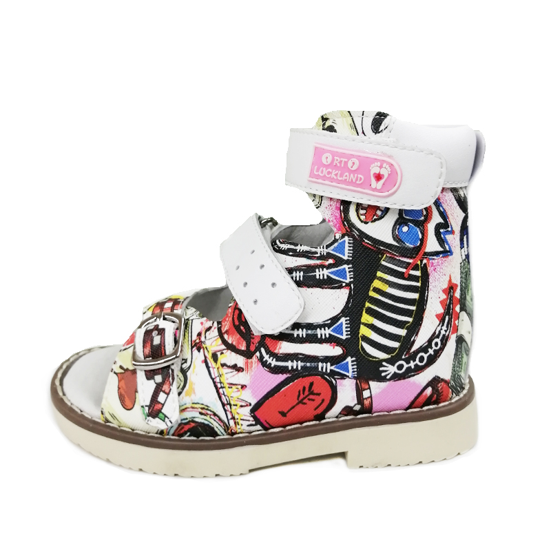 Crianças sandálias sapatos ortopédicos para crianças vermelho criança couro fantasia graffiti clubfoot calçado correto com palmilha de apoio arco