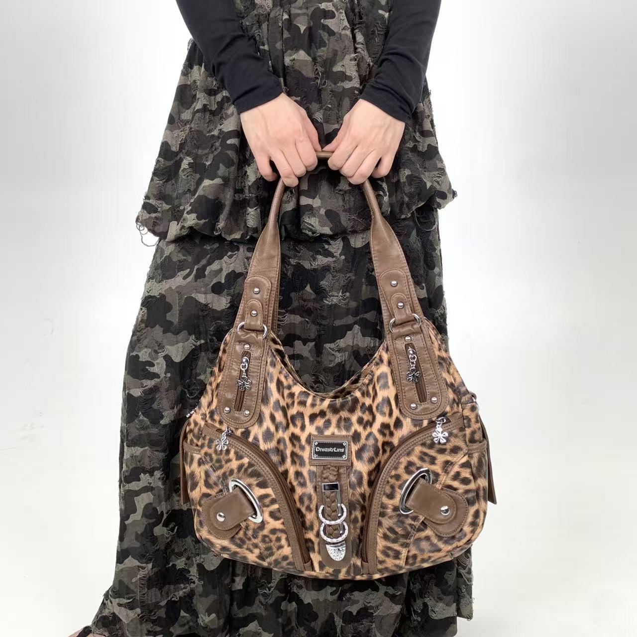 Y2K vintage hot girl persoonlijkheid luipaardprint schoudertas met meerdere compartimenten, Maillard crossbody handtas