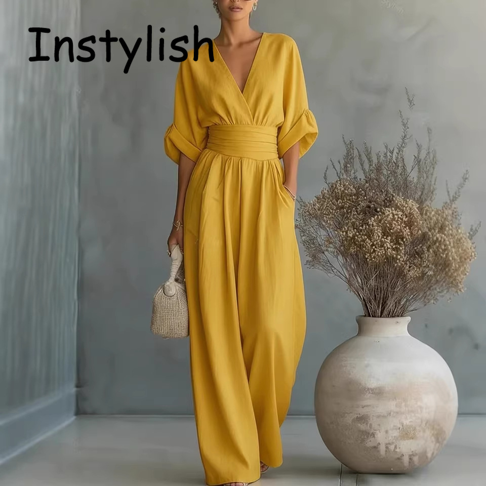 Eleganckie damskie kombinezony z wysokim stanem, letnie kombinezony z krótkim rękawem i szerokimi nogawkami, luźne kombinezony z dekoltem w serek, streetwear