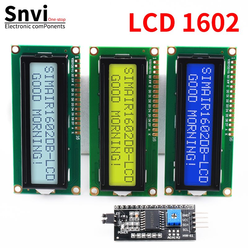 Moduł wyświetlacza LCD Snvi LCD1602 1602A 16x2 znaków, niebieski, żółty, zielony, szary ekran, interfejs PCF8574 I2C IIC 5V dla Arduino