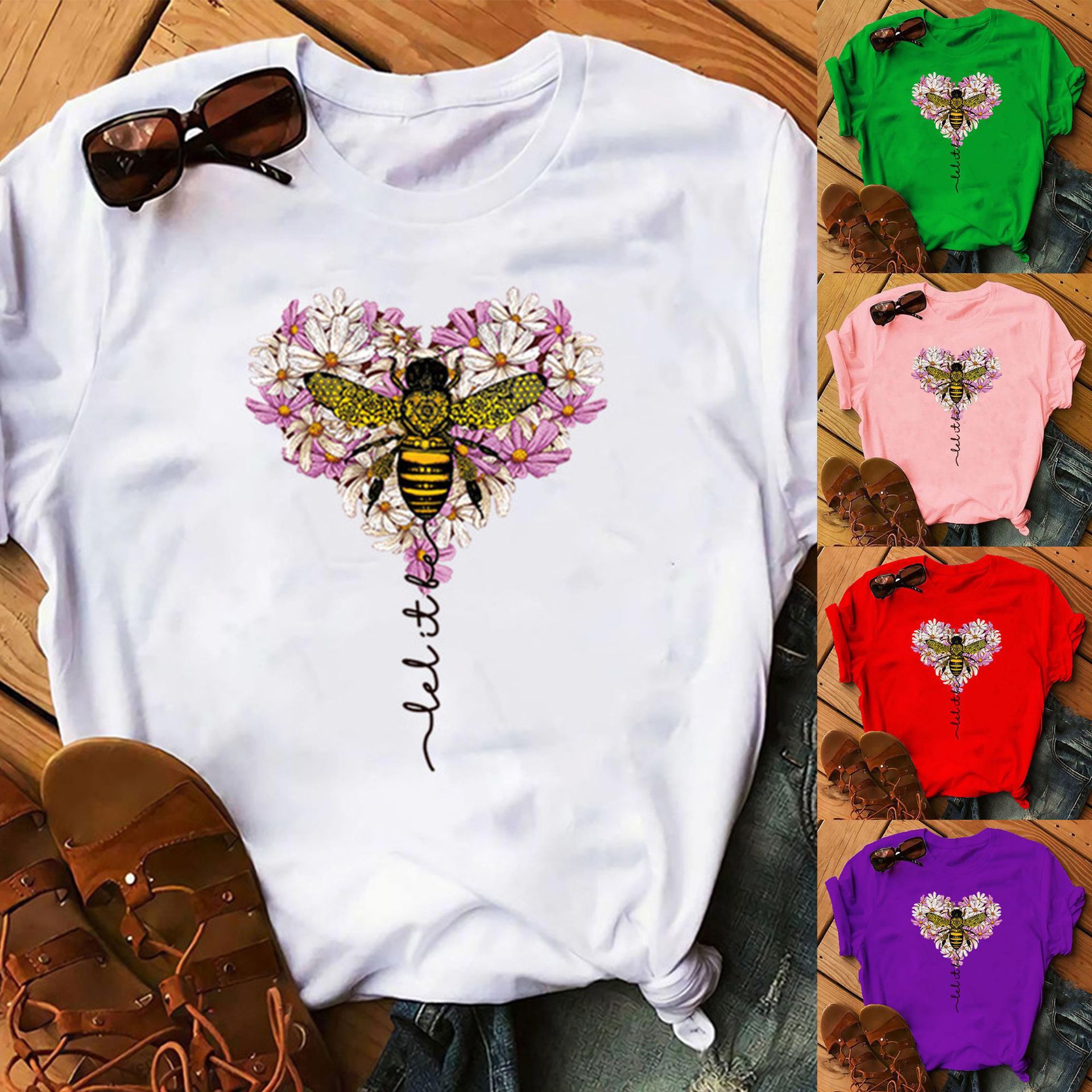 Katoen 100% Dames Kerst Dier Bloem Korte Mouw Bee Bloemenprint Oversized T-shirt Grafische T-shirts Tops Harajuku