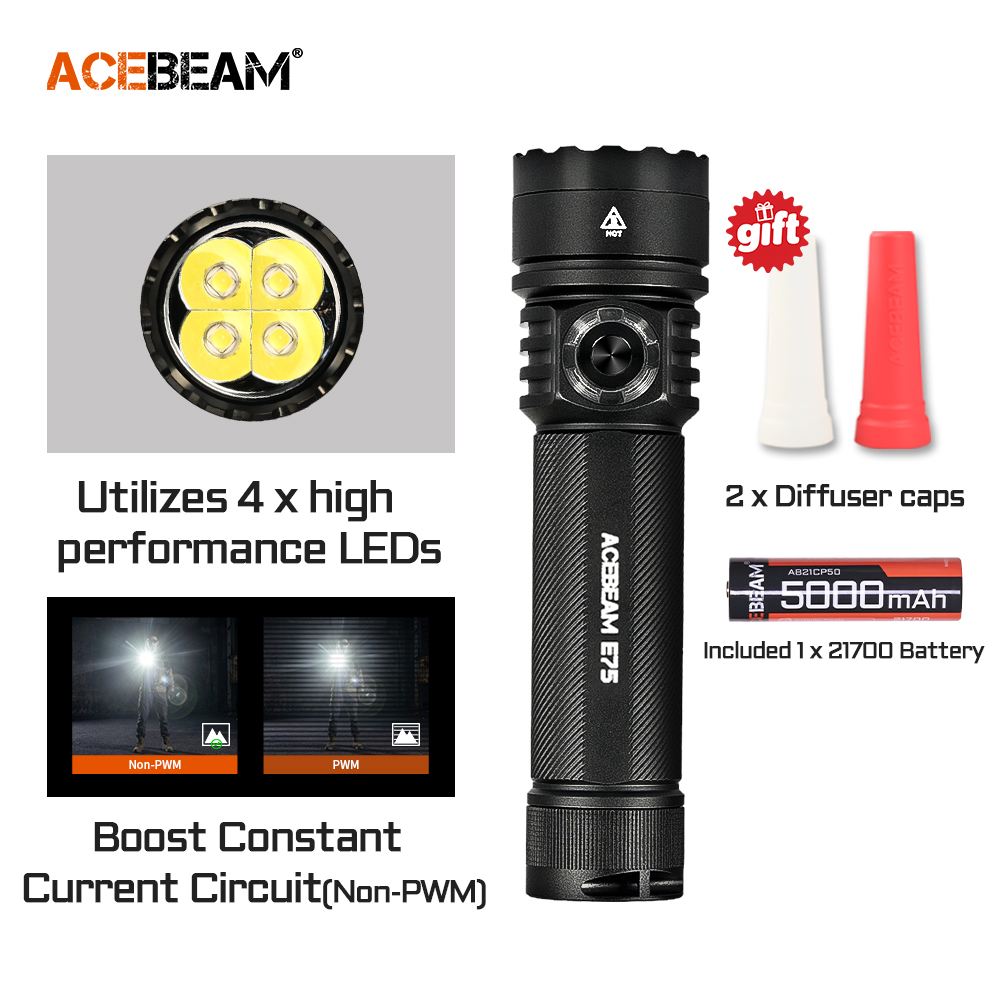 ACEBEAM E75 Quad-Core lampe de poche LED USB C torche Rechargeable avec 21700 batterie 4500LM 260M lampes de poche puissantes stroboscopiques de défense