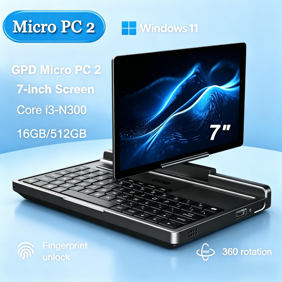 Blaze Forth GPD Micro PC 2: Pantalla táctil suave de 7 pulgadas, 16 GB de RAM, SSD de 512 GB, CPU N300, Windows 11, la mini laptop del tamaño de una palma de la mano.