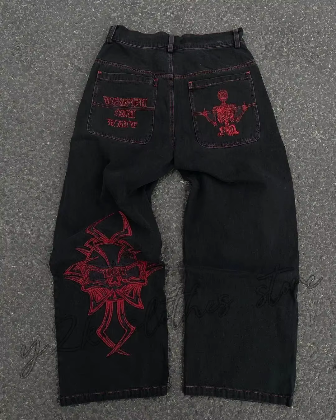 Nouveau Jean Y2K pour Homme, style Hip Hop, avec broderie crâne rétro, en denim délavé, coupe droite, ample et à jambe large, décontracté, streetwear