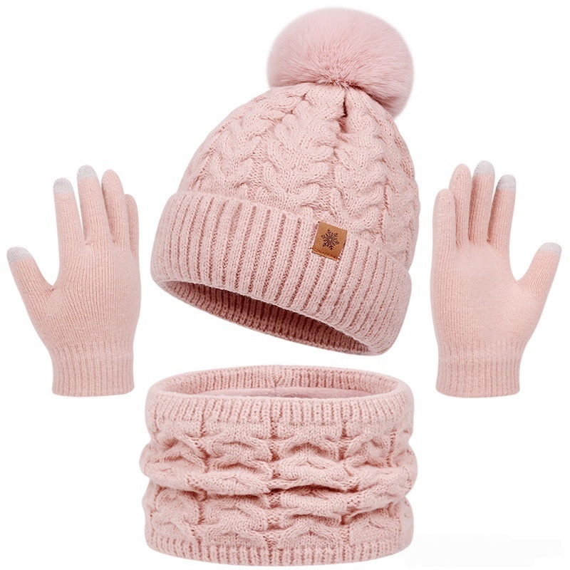 Dreiteiliges Set mit verdickter Mütze, Schal und Handschuhen für Erwachsene, warme Strickmütze für Damen im neuen Herbst und Winter