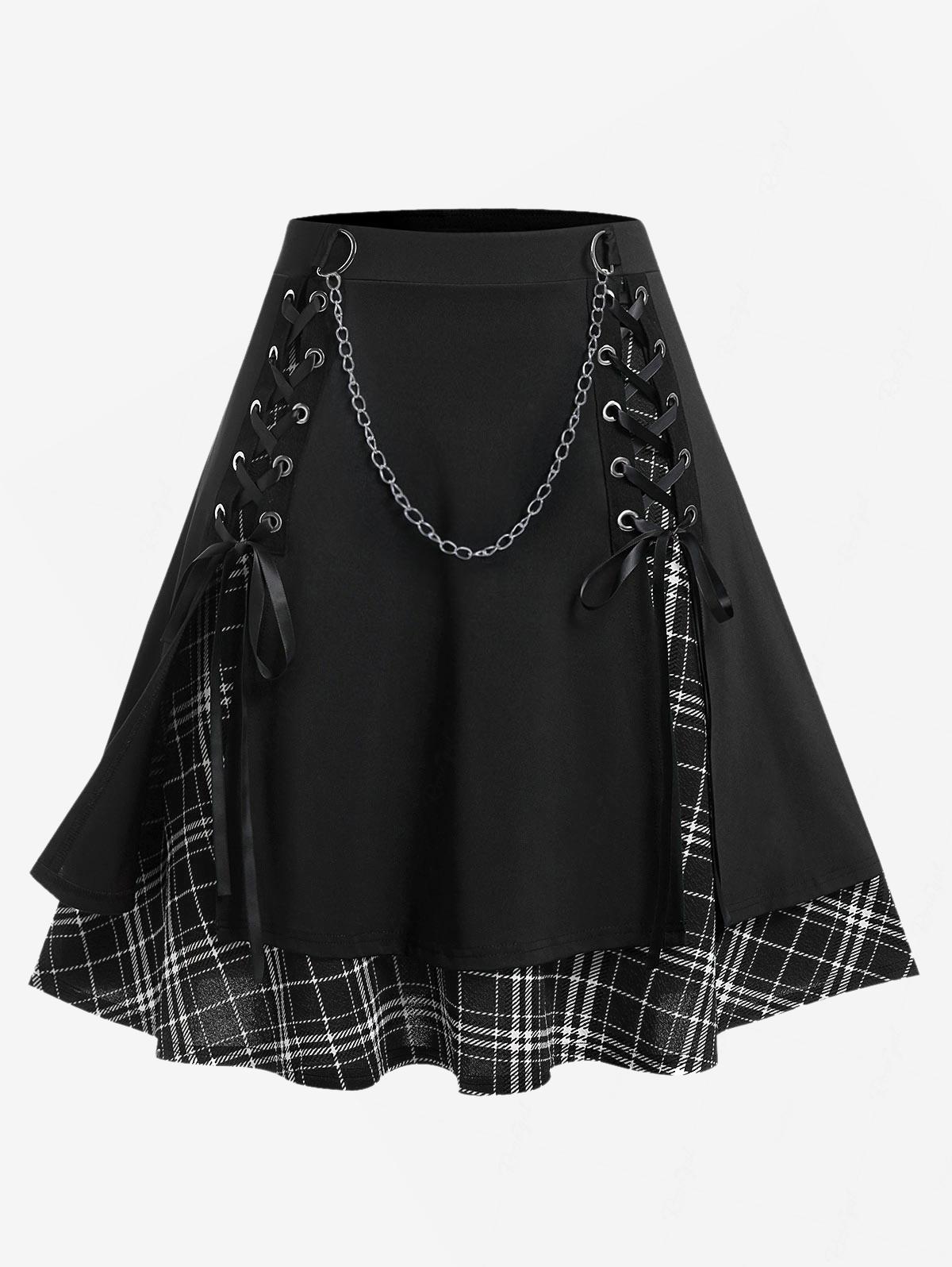 女性用ゴシックスカート,ラージサイズ,無地,チェーンディテール,ハイウエスト,ステッチ,チェック,プリーツ,レイヤード,レースアップ,カジュアル,5XL