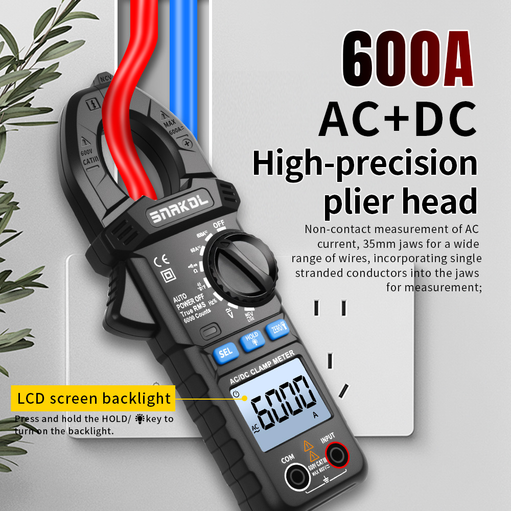 SNAKOL Zangenmessgerät, Multimeter, AC/DC-Spannung, Strom, 6000 Zählungen, Amperemeter, Voltmeter, NCV-Widerstand, Kondensator, Werkzeug, Elektriker