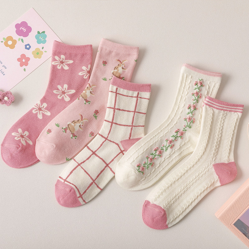2023 primavera e verão novas meias femininas rosa tubo torcido meias doces e pequenas florais bonito estudante meias kawaii