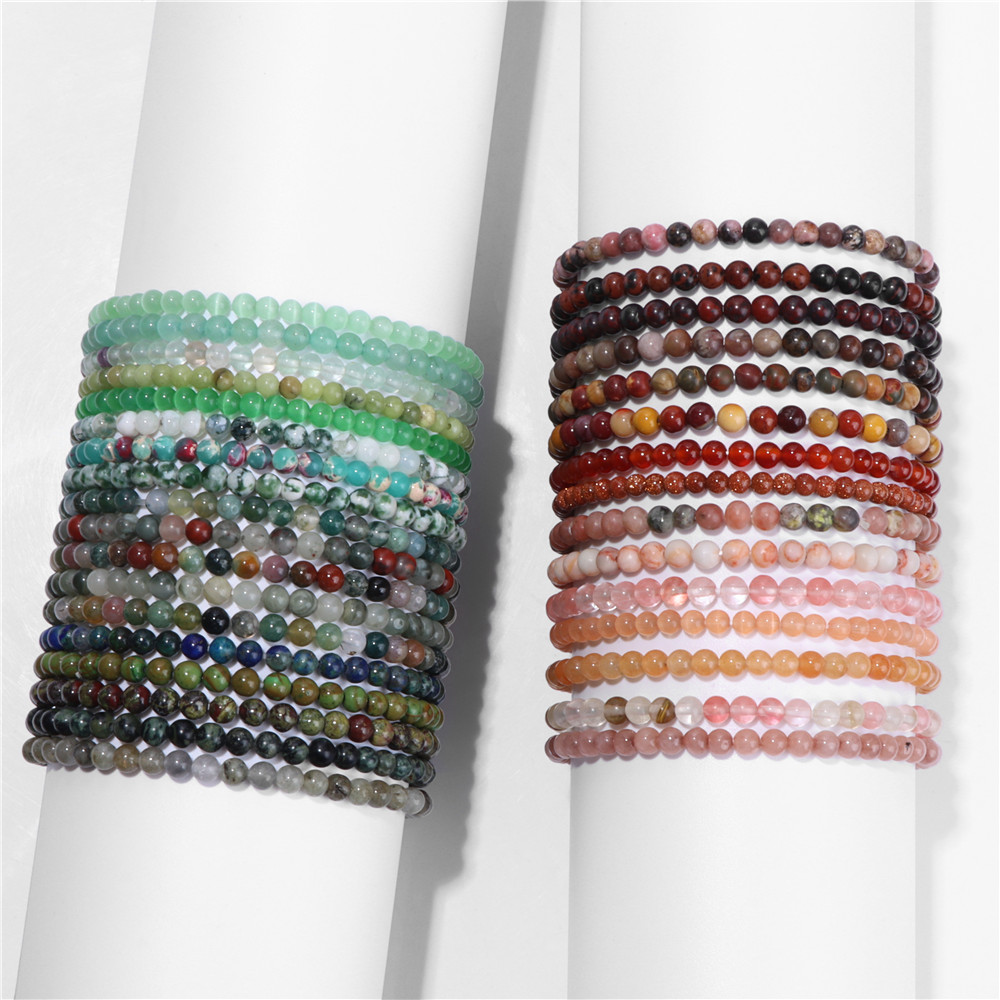 Bracelet de perles en pierre naturelle de 4mm pour femmes et hommes, quartz Rose, Agates mousse, Rhodonite, élastique, améthystes, aigue-marine, bijoux