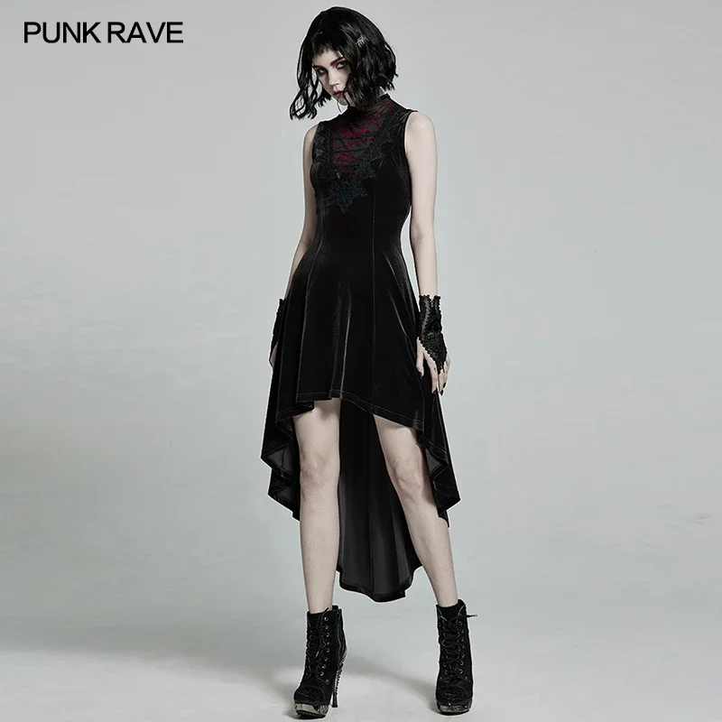 PUNK RAVE vestido gótico precioso Retro con dobladillo Irregular sin mangas para mujer, vestidos de disfraz de fiesta y Club de terciopelo