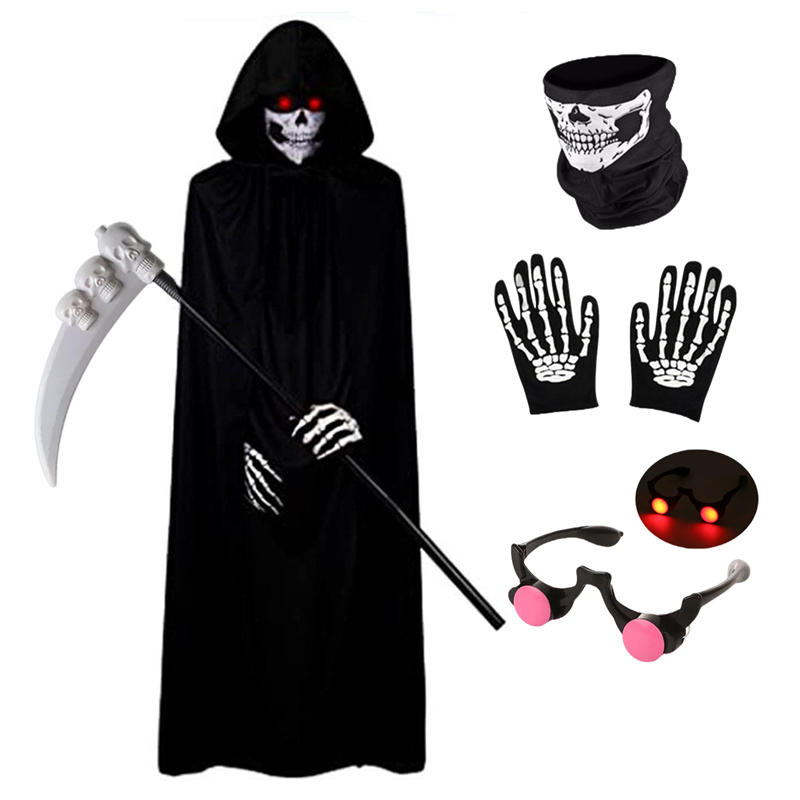 Costume spaventoso di Halloween Costume Grim Reaper per ragazzi Costume per bambini con occhi rossi luminosi con maschera di guanti