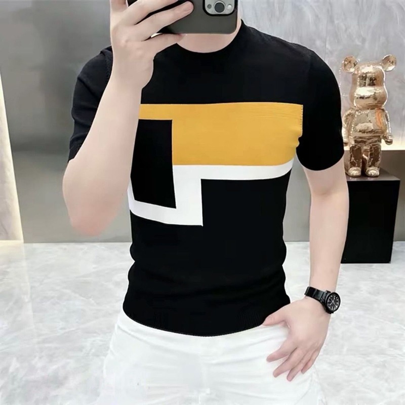 T-shirt Estiva Trendy in Seta Ghiacciata Lavorata a Maglia per Uomo, Maglietta Casual a Maniche Corte con Collo Tondo, Versatile Maglia Base