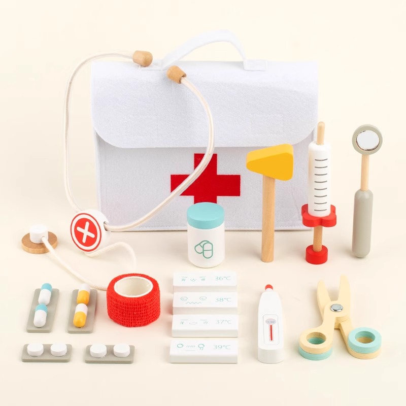 Kit medico in legno per bambini, prelievo set da gioco per i più piccoli con borsa medica per ragazzi e ragazze, divertente gioco di ruolo