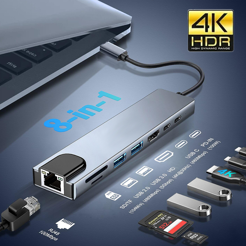 Usb c 8 em 1 hub adaptador para macbook pc pd carga 8 portas doca estação rj45 hdmi-compatível tf/sd cartão portátil tipo-c divisor