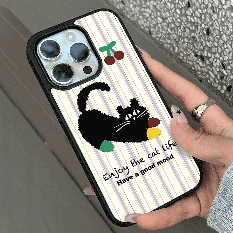Etui na telefon Ins Korean Black Cat Cherry Stripe Black Edge Soft Shell do iPhone'a 15 14 13 Pro Max 11 Pro 12 Mini XR XS Back Cover