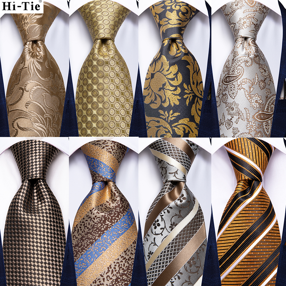 Hi-tie champanhe ouro listrado paisley sólido masculino gravata de casamento de seda design de moda gravata para homem hanky abotoadura festa de negócios