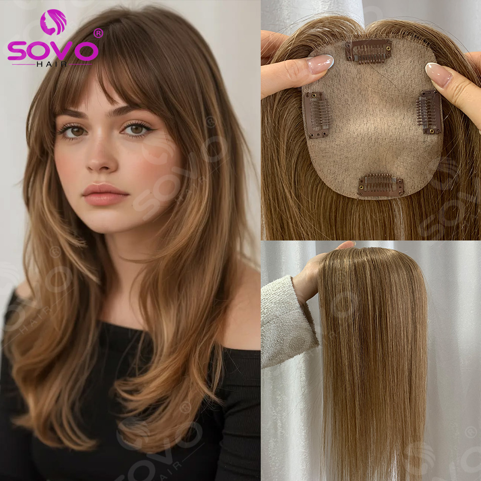 Topper de Cabello Humano Remy Sin Flequillo 10×12CM Cosido a Mano 360 ° Prótesis Capilar 3D Invisible, Cobertura Natural para Cabello Fino