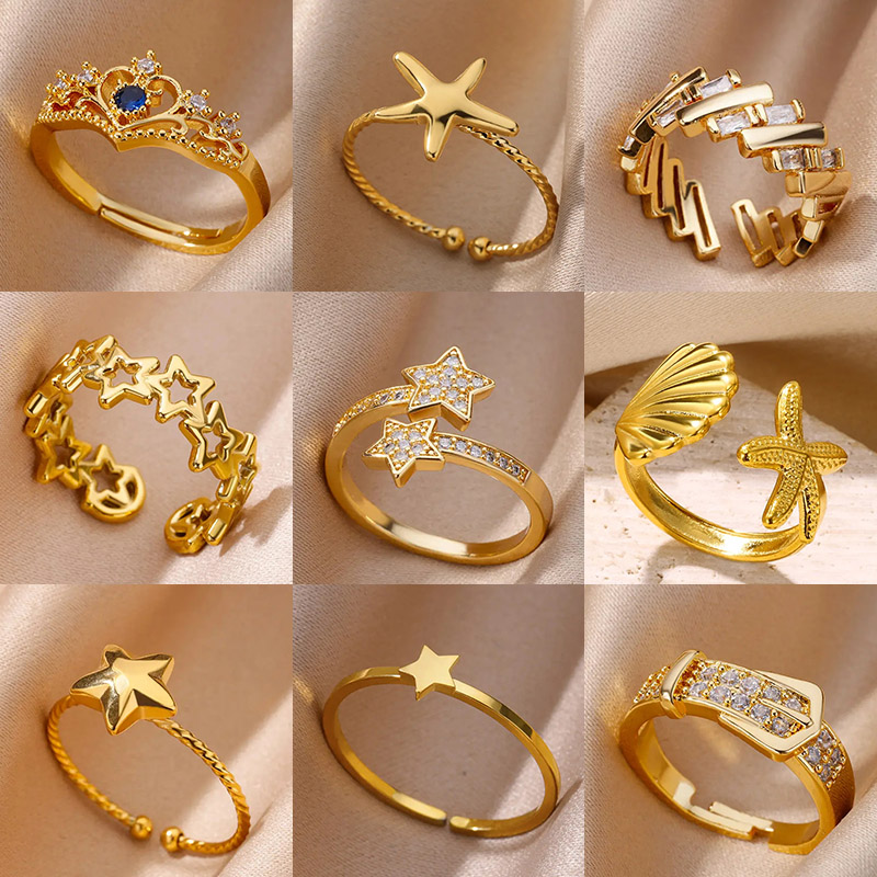 Cincin bintang ganda Zircon baja tahan karat warna emas untuk wanita cincin jari bintang hadiah perhiasan estetika pesta pernikahan