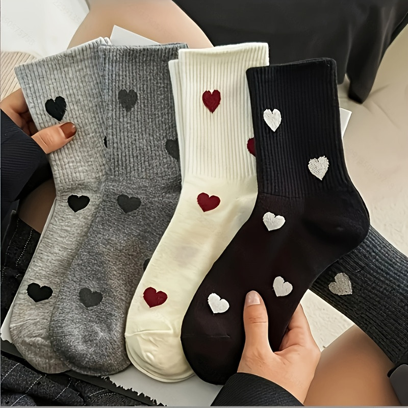 Chaussettes mi-mollet à motif cœur pour femmes, lot de 5 paires, chaussettes douces côtelées en mélange de coton, chaussettes de sport décontractées multicolores pour filles