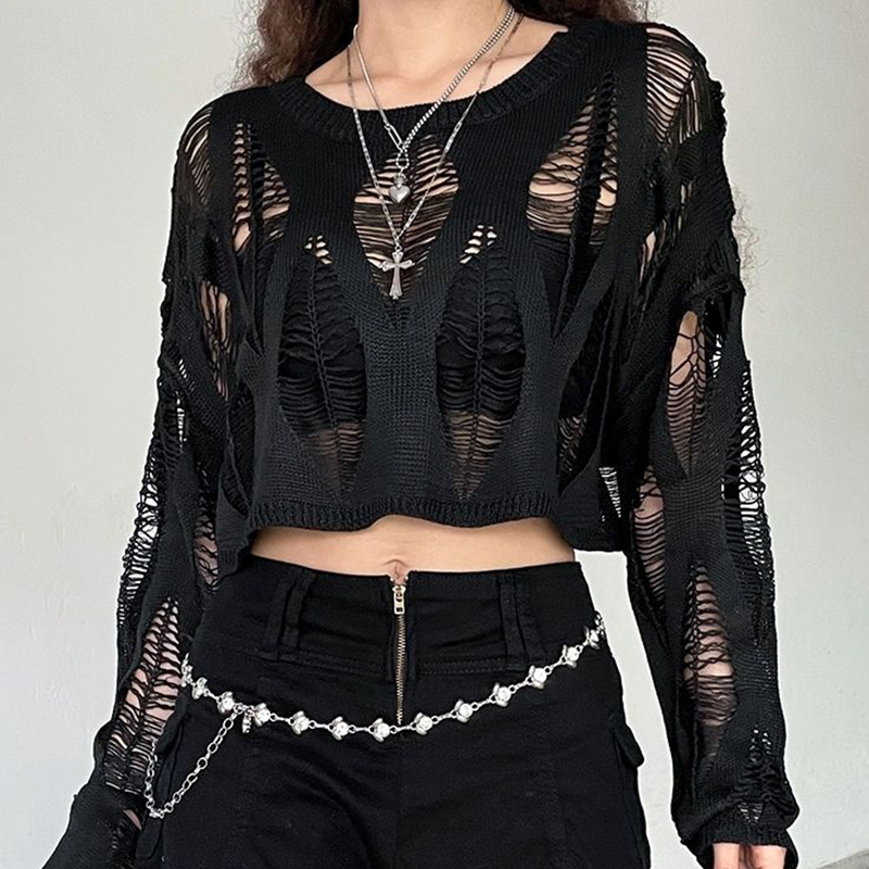 ITOOLIN 女性穴中空アウト Y2K Tシャツバットウィングスリーブニットシャツ女性のためのルーズストリートトップス春秋 2024