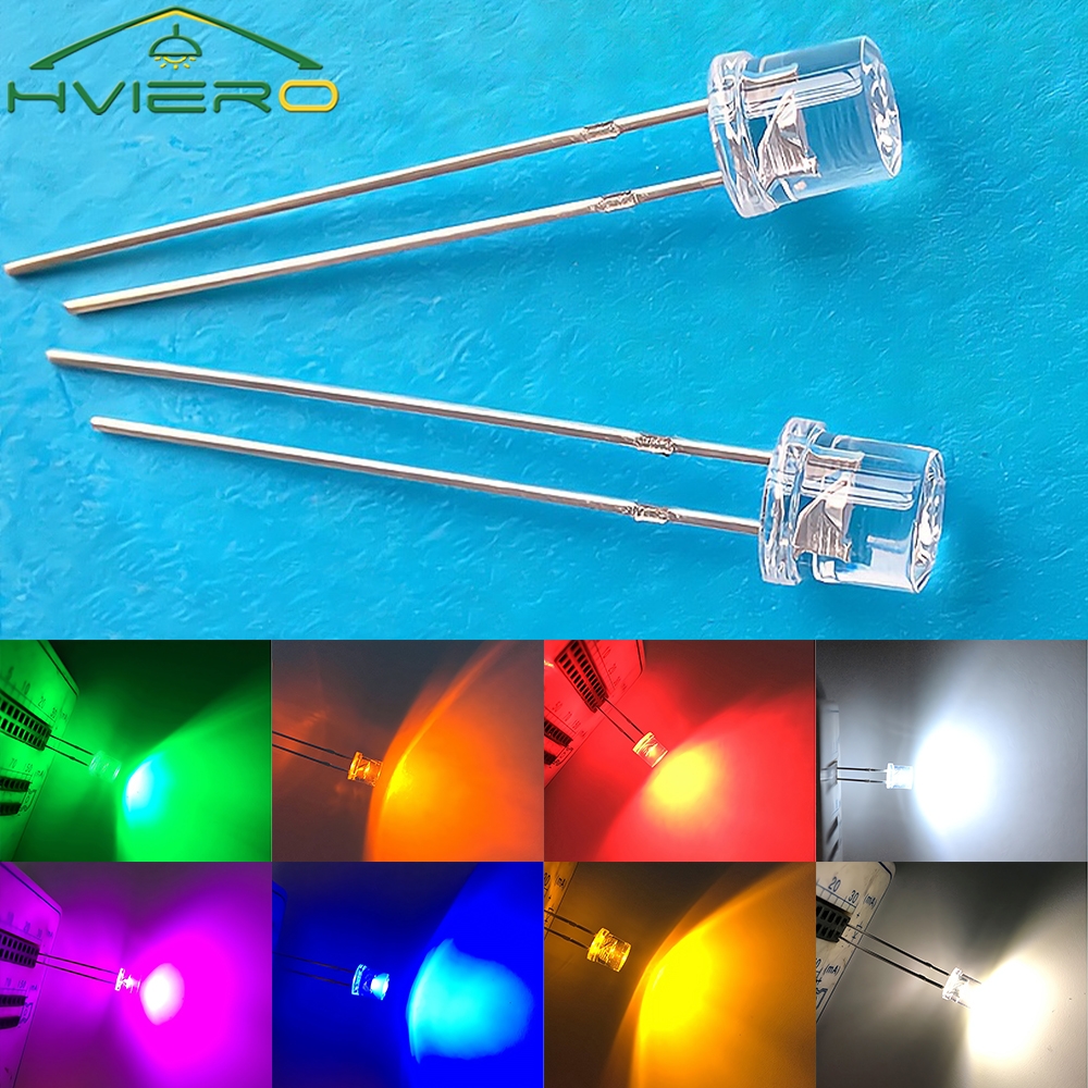 100PC Min F5 5mm parte superior plana blanco rojo rosa amarillo azul diodo de luz gran angular agua transparente LED cuenta Ultra brillante bombilla emisora