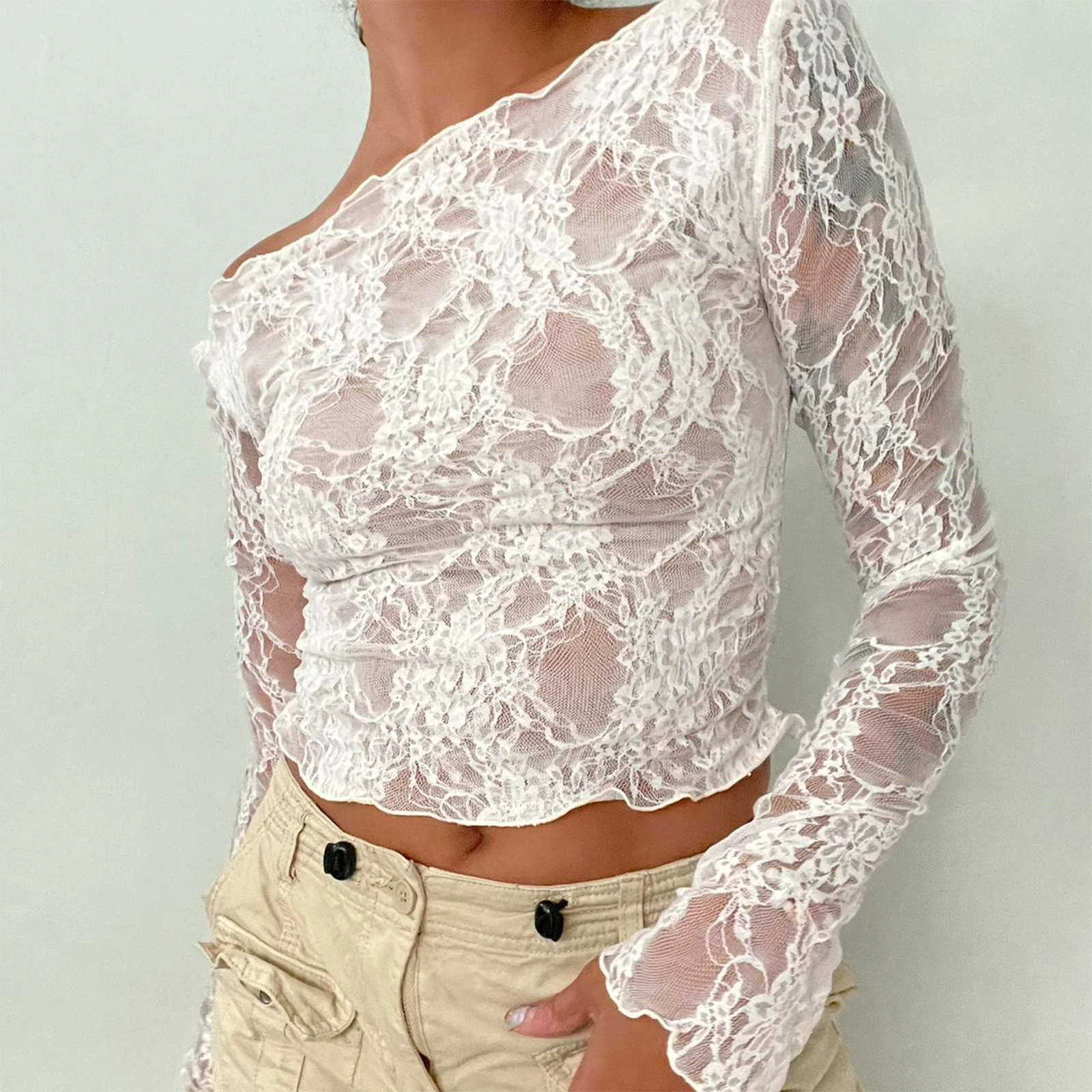 Top corto trasparente da donna sexy in rete di pizzo a maniche lunghe T-shirt trasparente per uscire Top camicetta copricostume slim fit