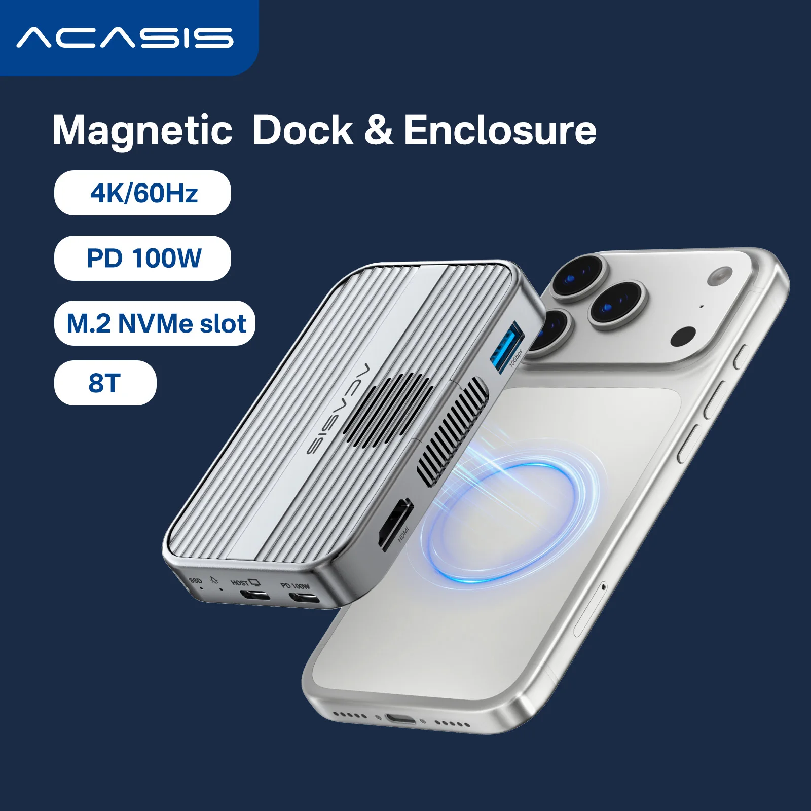 Магнитный корпус M.2 NVMe SSD Acasis 10 Гбит/с и док-станция USB-C с охлаждающим вентилятором для iPhone 17/17 Pro/iPhone 16/16 Pro