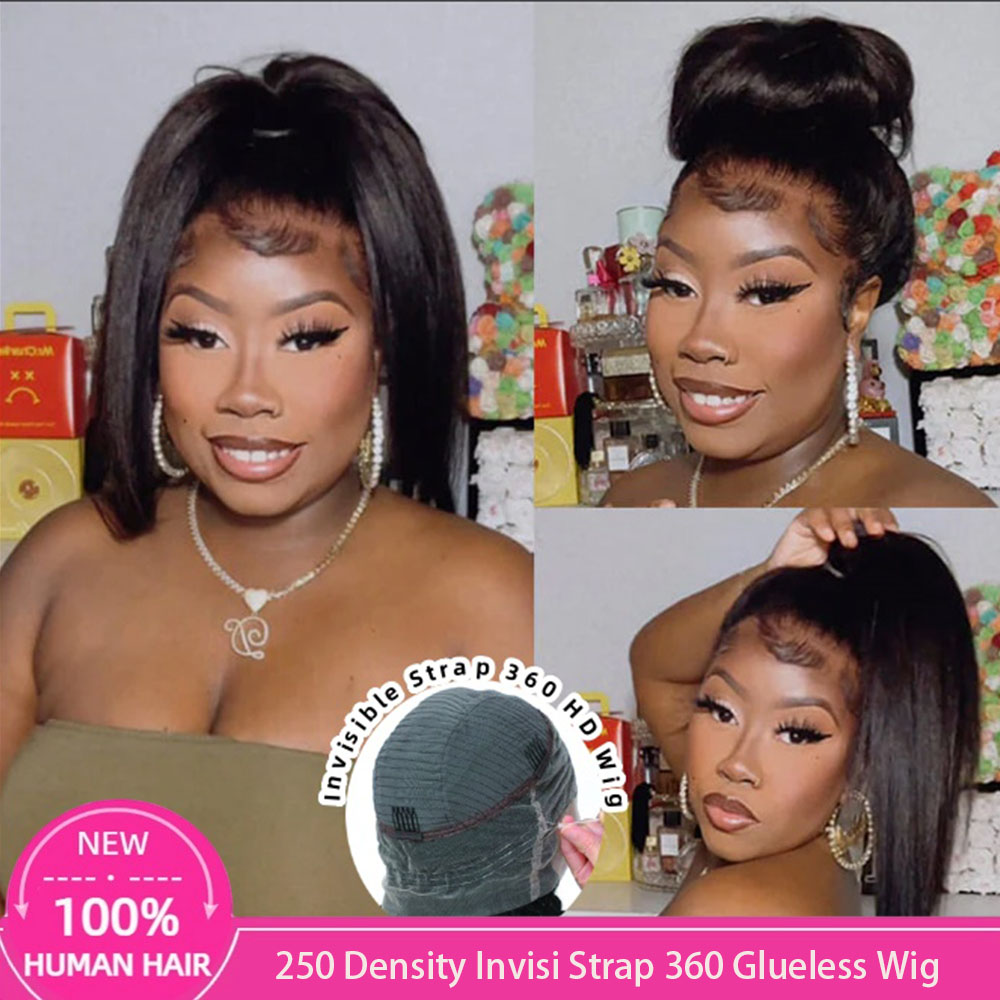 Parrucche 360 Full Lace Glueless con Densità 250, Invisi Strap, Capelli Umani, Versione Migliorata con Cordoncino Invisibile, Liscio, Parrucche Frontali 360 HD Lace