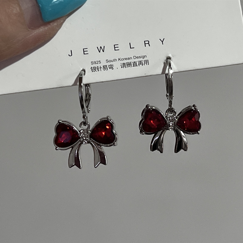 Boucles d'oreilles pendantes élégantes avec nœud rouge vin pour femme, émail, cristal d'huile, goutte, cadeau de bijoux, chimmignon