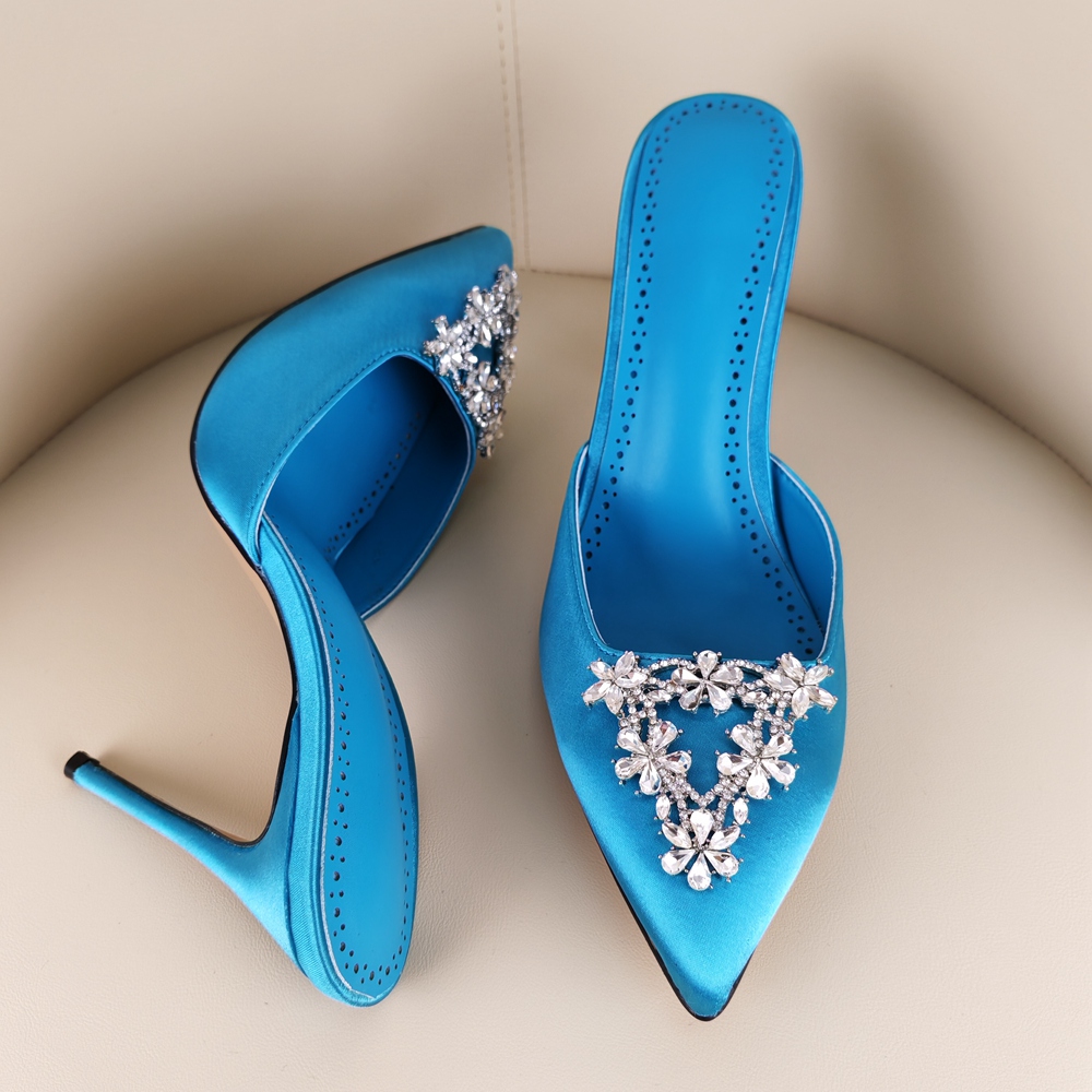 New Summer Style Stiletto Pointed Toe Blue Silk High Heel Slippers Rhinestone Decoration Fashion Sexy Party Slippers for Women