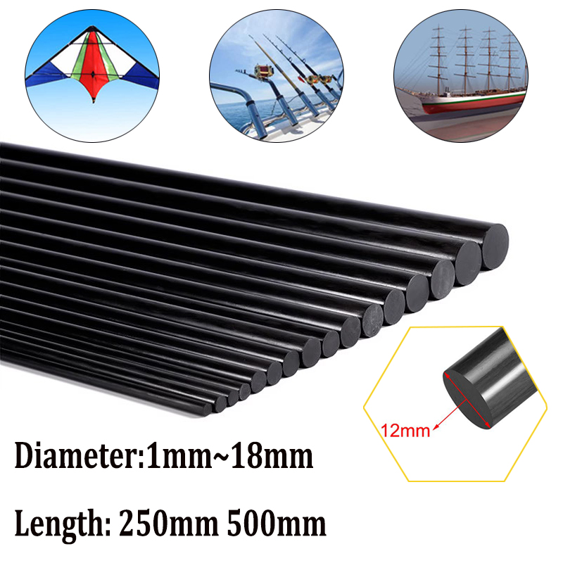 10szt~1szt Pręt z litego włókna węglowego 18mm 14mm 12mm 8mm 3mm Wysoka wytrzymałość Lekki pręt do majsterkowania Długość 250mm 500mm