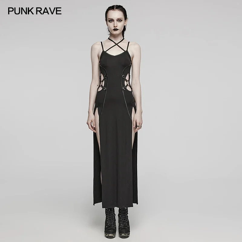 PUNK RAVE-vestido Punk Sexy con abertura larga para mujer, cordón ajustable, cintura ahuecada, moda para fiesta y Club, vestidos de verano