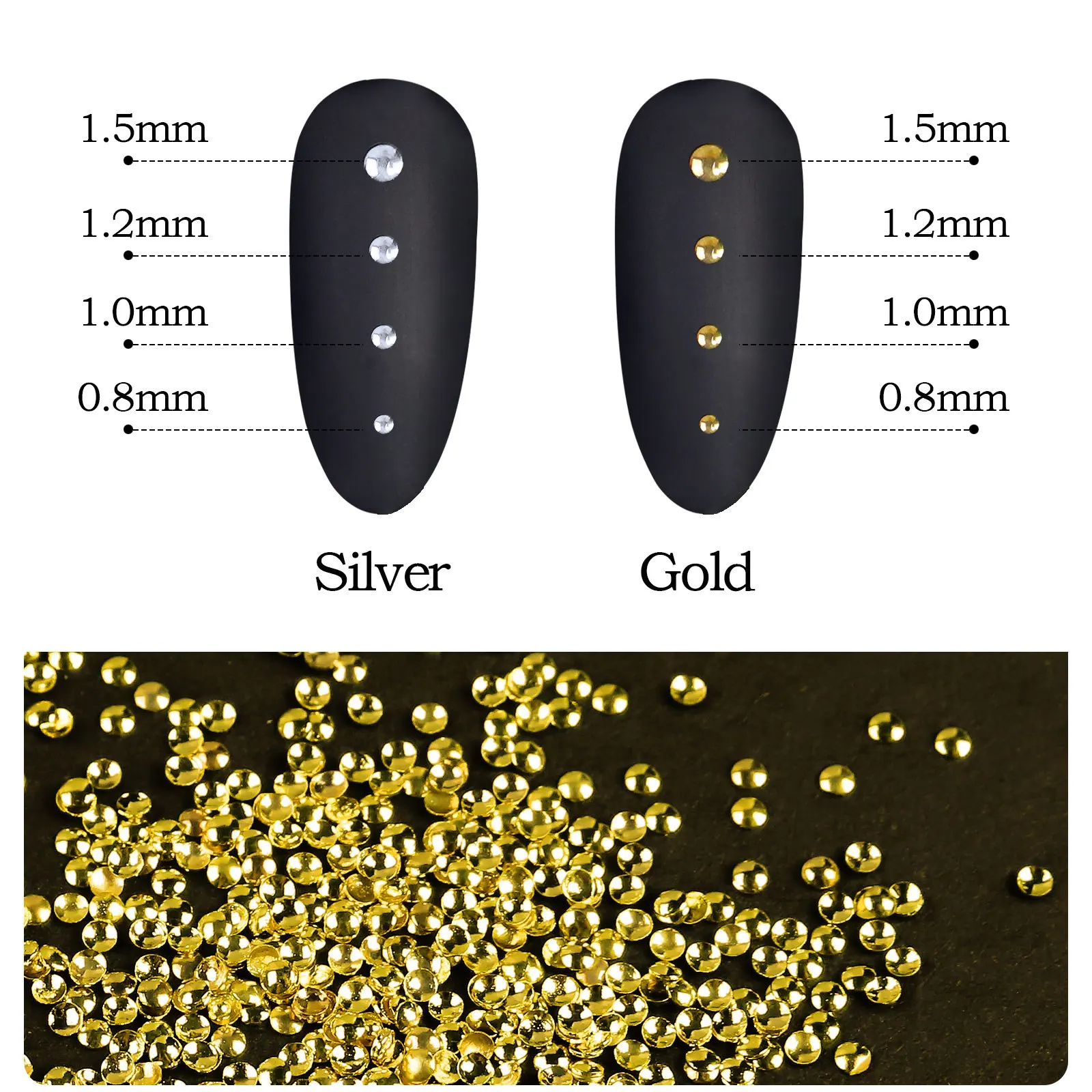 500 buah emas perak 0.8 mm-1.5 mm kecil berongga semi-sphere paduan bulat paku keling seni kuku berlian imitasi dekorasi manikur kancing pesona