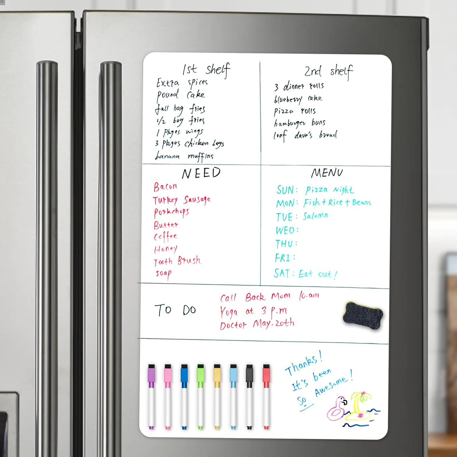A2 Size Magnetic Dry Erase Whiteboard for Fridge,Magnetic Board for Fridge (23.6" X 16.5") with 8 Dry Erase Marker and 1 Eraser