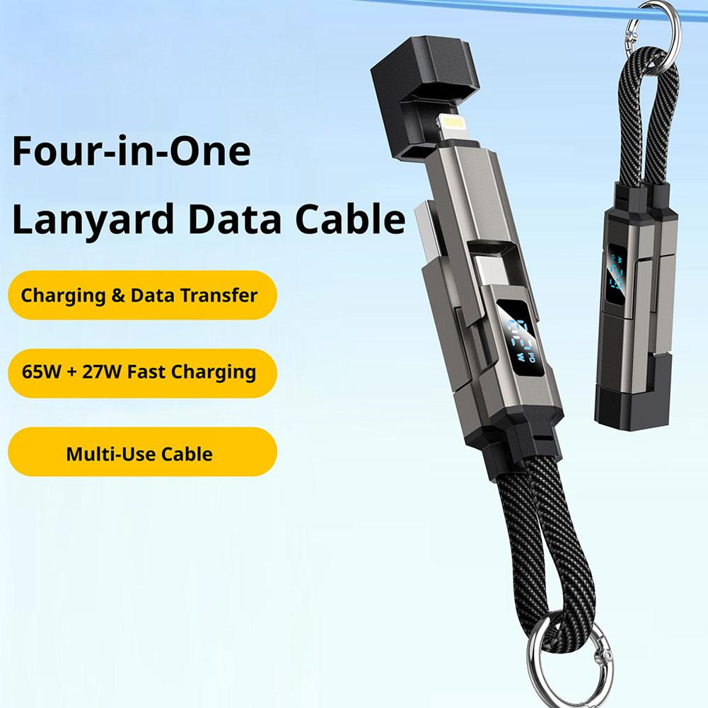 4-in-1 Digitales Display Ladekabel 65W PD USB-C zu USB-C Schnellladung Mini-Schlüsselanhänger Kurzkabel für iPhone/iPad/Samsung/Xiaomi