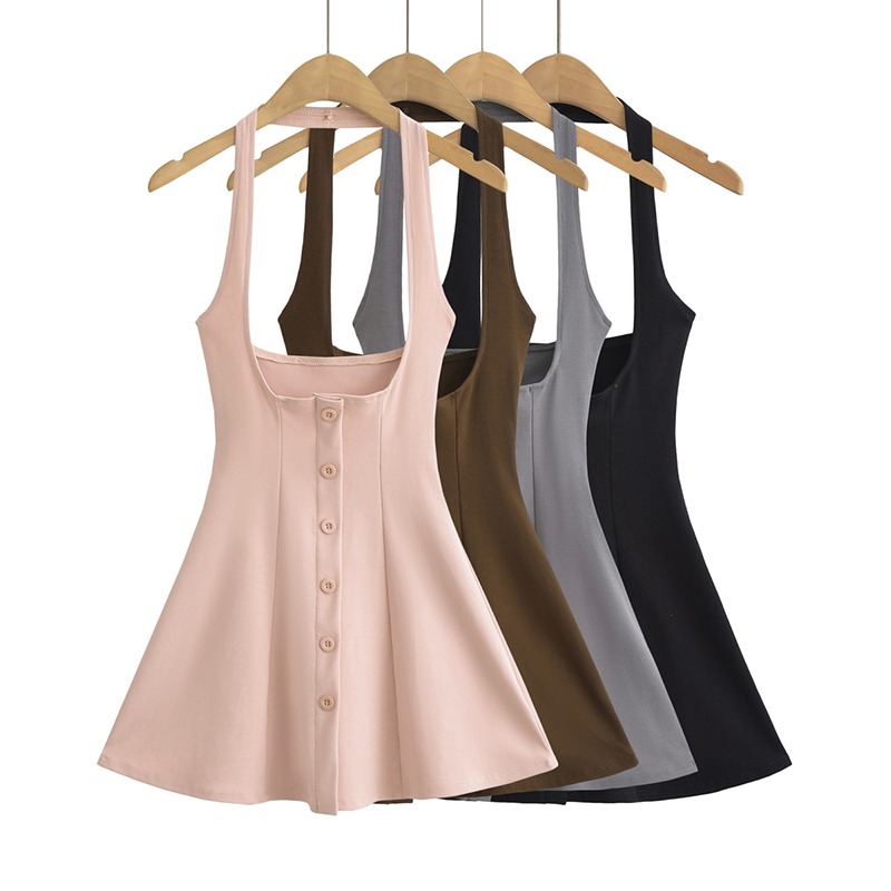 Nieuw In Mini Jurken Voor Vrouwen 2024 Zomer Zwart Korte Jurken Avond Feest Sexy Jurk Knoop Up Halter Jurk Elegant Bruin