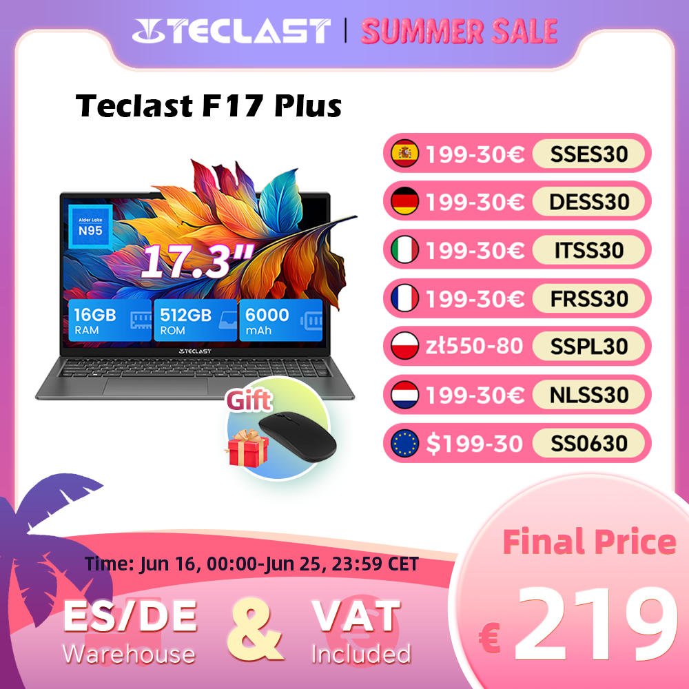 Teclast F17Plus 17,3 pouces Ordinateur portable Intel N95 16 Go de RAM 512 Go SSD Windows 11 Notebook 180 °   Clavier rétroéclairé pour ordinateur à rabat mini-HDMI